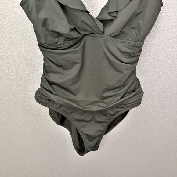 RALPH LAUREN | Olive Green One Piece Swimsuit Ruffle Surplice Ruched | Size XL - Picture 4 of 7